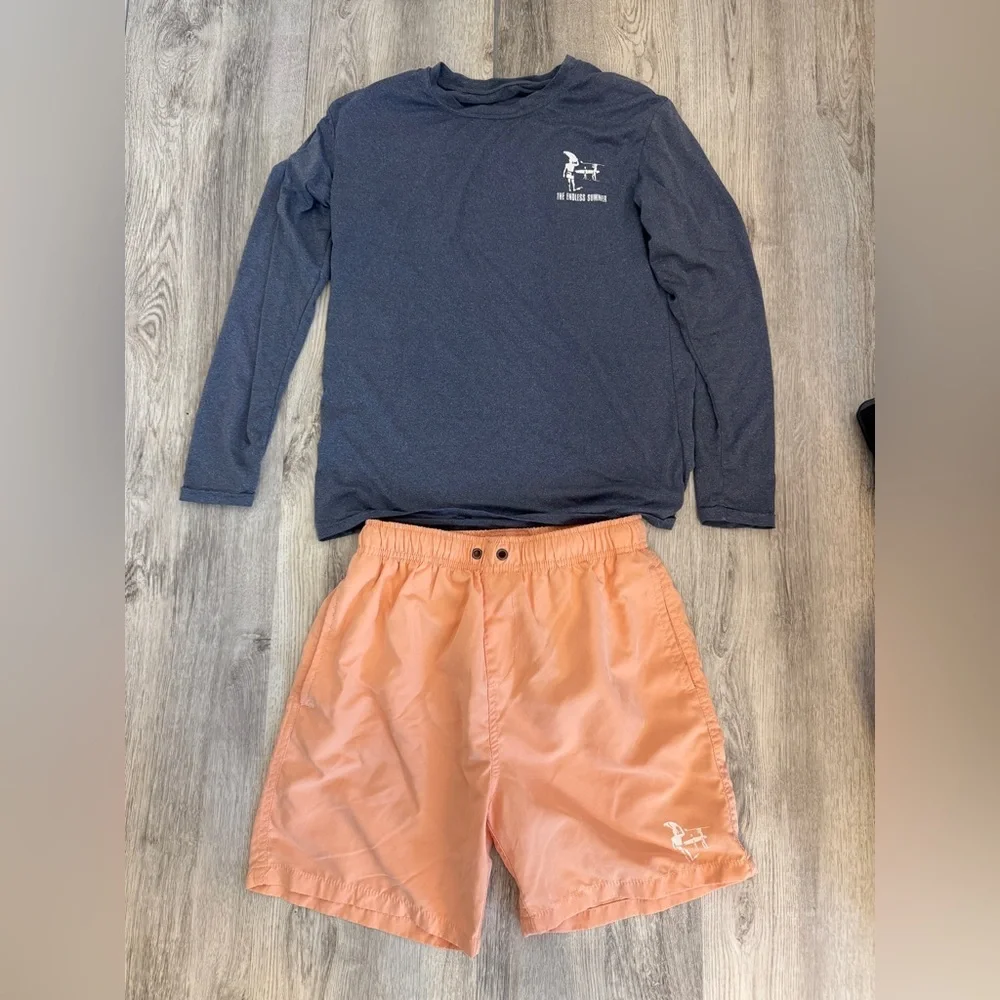 Endless Summer Kids Long-Sleeve Navy Rashguard Top with Peach Swim Shorts Set